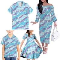 Blue Hawaii Palaka Honohono Pikake Family Matching Off The Shoulder Long Sleeve Dress and Hawaiian Shirt Hawaiian Orchid Lei Polynesian Pattern - Polynesian Pride