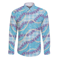 Blue Hawaii Palaka Honohono Pikake Family Matching Off The Shoulder Long Sleeve Dress and Hawaiian Shirt Hawaiian Orchid Lei Polynesian Pattern - Polynesian Pride