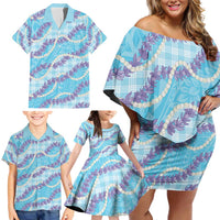 Blue Hawaii Palaka Honohono Pikake Family Matching Off Shoulder Short Dress and Hawaiian Shirt Hawaiian Orchid Lei Polynesian Pattern - Polynesian Pride
