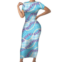 Blue Hawaii Palaka Honohono Pikake Family Matching Short Sleeve Bodycon Dress and Hawaiian Shirt Hawaiian Orchid Lei Polynesian Pattern - Polynesian Pride