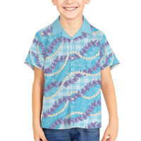 Blue Hawaii Palaka Honohono Pikake Family Matching Short Sleeve Bodycon Dress and Hawaiian Shirt Hawaiian Orchid Lei Polynesian Pattern - Polynesian Pride