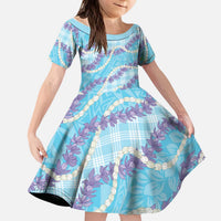 Blue Hawaii Palaka Honohono Pikake Kid Short Sleeve Dress Hawaiian Orchid Lei Polynesian Pattern LT14 KID Blue - Polynesian Pride
