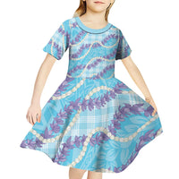 Blue Hawaii Palaka Honohono Pikake Kid Short Sleeve Dress Hawaiian Orchid Lei Polynesian Pattern - Polynesian Pride