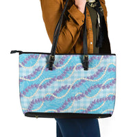 Blue Hawaii Palaka Honohono Pikake Leather Tote Bag Hawaiian Orchid Lei Polynesian Pattern - Polynesian Pride