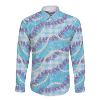 Blue Hawaii Palaka Honohono Pikake Long Sleeve Button Shirt Hawaiian Orchid Lei Polynesian Pattern - Polynesian Pride