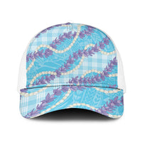 Blue Hawaii Palaka Honohono Pikake Mesh Trucker Cap Hawaiian Orchid Lei Polynesian Pattern LT14 One Size White Blue - Polynesian Pride
