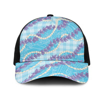 Blue Hawaii Palaka Honohono Pikake Mesh Trucker Cap Hawaiian Orchid Lei Polynesian Pattern LT14 One Size Black Blue - Polynesian Pride