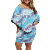 Blue Hawaii Palaka Honohono Pikake Off Shoulder Short Dress Hawaiian Orchid Lei Polynesian Pattern - Polynesian Pride