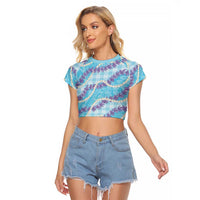 Blue Hawaii Palaka Honohono Pikake Raglan Cropped T Shirt Hawaiian Orchid Lei Polynesian Pattern LT14 Female Blue - Polynesian Pride