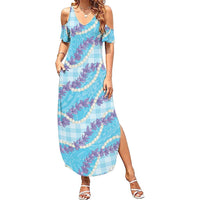 Blue Hawaii Palaka Honohono Pikake Summer Maxi Dress Hawaiian Orchid Lei Polynesian Pattern LT14 Women Blue - Polynesian Pride