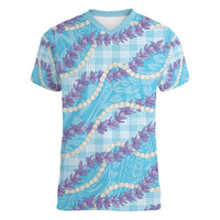 Blue Hawaii Palaka Honohono Pikake Women V-Neck T-Shirt Hawaiian Orchid Lei Polynesian Pattern LT14 Female Blue - Polynesian Pride