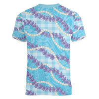Blue Hawaii Palaka Honohono Pikake Women V-Neck T-Shirt Hawaiian Orchid Lei Polynesian Pattern LT14 - Polynesian Pride