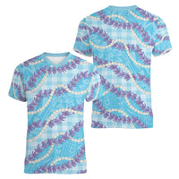 Blue Hawaii Palaka Honohono Pikake Women V-Neck T-Shirt Hawaiian Orchid Lei Polynesian Pattern LT14 - Polynesian Pride