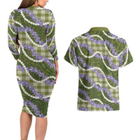 Green Hawaii Palaka Honohono Pikake Couples Matching Long Sleeve Bodycon Dress and Hawaiian Shirt Hawaiian Orchid Lei Polynesian Pattern - Polynesian Pride