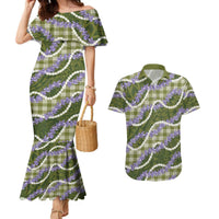 Green Hawaii Palaka Honohono Pikake Couples Matching Mermaid Dress and Hawaiian Shirt Hawaiian Orchid Lei Polynesian Pattern - Polynesian Pride