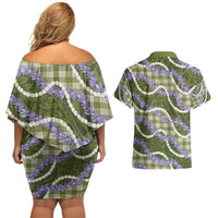 Green Hawaii Palaka Honohono Pikake Couples Matching Off Shoulder Short Dress and Hawaiian Shirt Hawaiian Orchid Lei Polynesian Pattern - Polynesian Pride