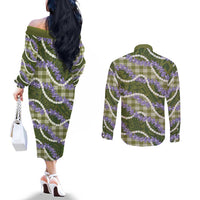 Green Hawaii Palaka Honohono Pikake Couples Matching Off The Shoulder Long Sleeve Dress and Long Sleeve Button Shirt Hawaiian Orchid Lei Polynesian Pattern - Polynesian Pride