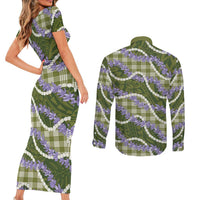 Green Hawaii Palaka Honohono Pikake Couples Matching Short Sleeve Bodycon Dress and Long Sleeve Button Shirt Hawaiian Orchid Lei Polynesian Pattern - Polynesian Pride
