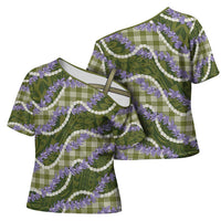 Green Hawaii Palaka Honohono Pikake Cross Shoulder Shirt Hawaiian Orchid Lei Polynesian Pattern LT14 - Polynesian Pride