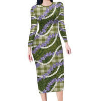Green Hawaii Palaka Honohono Pikake Family Matching Long Sleeve Bodycon Dress and Hawaiian Shirt Hawaiian Orchid Lei Polynesian Pattern - Polynesian Pride