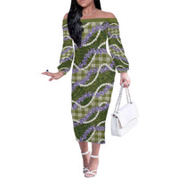 Green Hawaii Palaka Honohono Pikake Family Matching Off The Shoulder Long Sleeve Dress and Hawaiian Shirt Hawaiian Orchid Lei Polynesian Pattern - Polynesian Pride