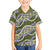 Green Hawaii Palaka Honohono Pikake Family Matching Off The Shoulder Long Sleeve Dress and Hawaiian Shirt Hawaiian Orchid Lei Polynesian Pattern - Polynesian Pride