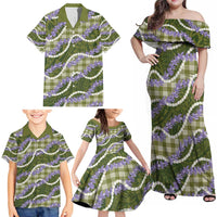 Green Hawaii Palaka Honohono Pikake Family Matching Off Shoulder Maxi Dress and Hawaiian Shirt Hawaiian Orchid Lei Polynesian Pattern - Polynesian Pride