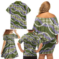 Green Hawaii Palaka Honohono Pikake Family Matching Off Shoulder Short Dress and Hawaiian Shirt Hawaiian Orchid Lei Polynesian Pattern - Polynesian Pride