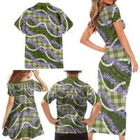 Green Hawaii Palaka Honohono Pikake Family Matching Short Sleeve Bodycon Dress and Hawaiian Shirt Hawaiian Orchid Lei Polynesian Pattern - Polynesian Pride