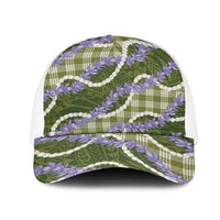 Green Hawaii Palaka Honohono Pikake Mesh Trucker Cap Hawaiian Orchid Lei Polynesian Pattern LT14 One Size White Green - Polynesian Pride
