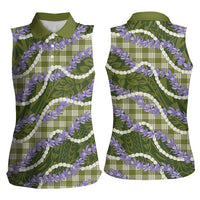 Green Hawaii Palaka Honohono Pikake Women Sleeveless Polo Shirt Hawaiian Orchid Lei Polynesian Pattern - Polynesian Pride