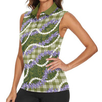 Green Hawaii Palaka Honohono Pikake Women Sleeveless Polo Shirt Hawaiian Orchid Lei Polynesian Pattern - Polynesian Pride