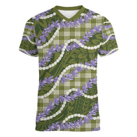 Green Hawaii Palaka Honohono Pikake Women V-Neck T-Shirt Hawaiian Orchid Lei Polynesian Pattern LT14 Female Green - Polynesian Pride
