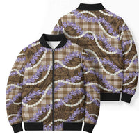 Brown Hawaii Palaka Honohono Pikake Bomber Puffer Jacket Hawaiian Orchid Lei Polynesian Pattern - Polynesian Pride