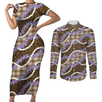 Brown Hawaii Palaka Honohono Pikake Couples Matching Short Sleeve Bodycon Dress and Long Sleeve Button Shirt Hawaiian Orchid Lei Polynesian Pattern - Polynesian Pride
