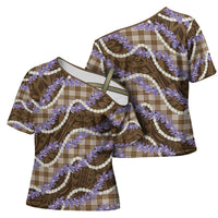 Brown Hawaii Palaka Honohono Pikake Cross Shoulder Shirt Hawaiian Orchid Lei Polynesian Pattern - Polynesian Pride