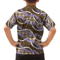 Brown Hawaii Palaka Honohono Pikake Family Matching Off The Shoulder Long Sleeve Dress and Hawaiian Shirt Hawaiian Orchid Lei Polynesian Pattern - Polynesian Pride