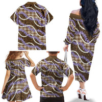 Brown Hawaii Palaka Honohono Pikake Family Matching Off The Shoulder Long Sleeve Dress and Hawaiian Shirt Hawaiian Orchid Lei Polynesian Pattern - Polynesian Pride