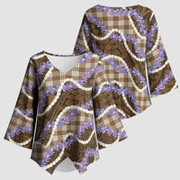 Brown Hawaii Palaka Honohono Pikake Kimono Sleeve Blouse Hawaiian Orchid Lei Polynesian Pattern - Polynesian Pride