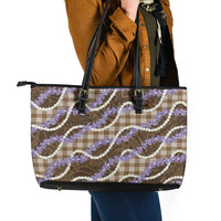 Brown Hawaii Palaka Honohono Pikake Leather Tote Bag Hawaiian Orchid Lei Polynesian Pattern - Polynesian Pride