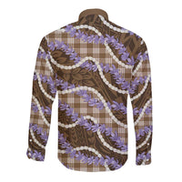 Brown Hawaii Palaka Honohono Pikake Long Sleeve Button Shirt Hawaiian Orchid Lei Polynesian Pattern - Polynesian Pride