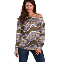 Brown Hawaii Palaka Honohono Pikake Off Shoulder Sweater Hawaiian Orchid Lei Polynesian Pattern - Polynesian Pride