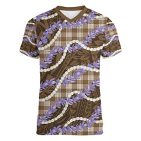 Brown Hawaii Palaka Honohono Pikake Women V-Neck T-Shirt Hawaiian Orchid Lei Polynesian Pattern - Polynesian Pride