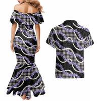Black Hawaii Palaka Honohono Pikake Couples Matching Mermaid Dress and Hawaiian Shirt Hawaiian Orchid Lei Polynesian Pattern - Polynesian Pride