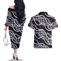 Black Hawaii Palaka Honohono Pikake Couples Matching Off The Shoulder Long Sleeve Dress and Hawaiian Shirt Hawaiian Orchid Lei Polynesian Pattern - Polynesian Pride