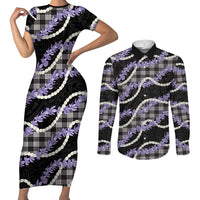 Black Hawaii Palaka Honohono Pikake Couples Matching Short Sleeve Bodycon Dress and Long Sleeve Button Shirt Hawaiian Orchid Lei Polynesian Pattern - Polynesian Pride