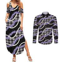Black Hawaii Palaka Honohono Pikake Couples Matching Summer Maxi Dress and Long Sleeve Button Shirt Hawaiian Orchid Lei Polynesian Pattern LT14 Black - Polynesian Pride