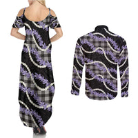 Black Hawaii Palaka Honohono Pikake Couples Matching Summer Maxi Dress and Long Sleeve Button Shirt Hawaiian Orchid Lei Polynesian Pattern LT14 - Polynesian Pride
