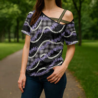 Black Hawaii Palaka Honohono Pikake Cross Shoulder Shirt Hawaiian Orchid Lei Polynesian Pattern LT14 - Polynesian Pride