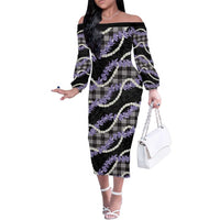 Black Hawaii Palaka Honohono Pikake Family Matching Off The Shoulder Long Sleeve Dress and Hawaiian Shirt Hawaiian Orchid Lei Polynesian Pattern - Polynesian Pride